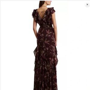 Ralph Lauren Floral Ruffle Trim Georgette Gown Maxi Red Wine NWT $325 Boho SZ 6
